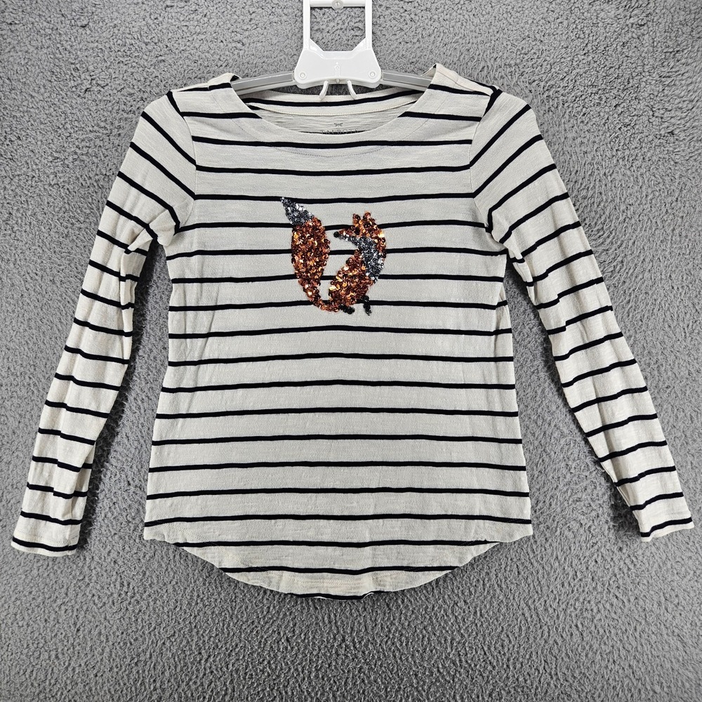 Talbots Petites Women P Sequin Fox Striped Long Sleeve Cotton Top Cream Navy